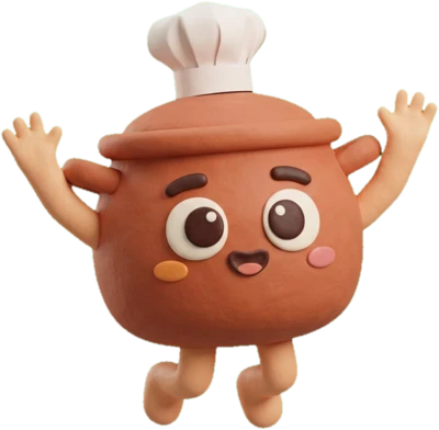 The Yumpot mascot, a small clay pot in a chef hat, cheering
