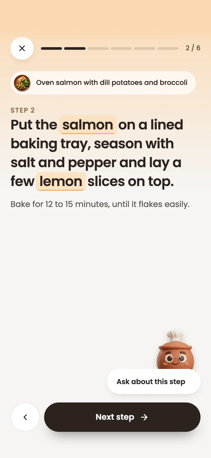 Cooking mode in Yumpot: step 2 of 6 in large type
