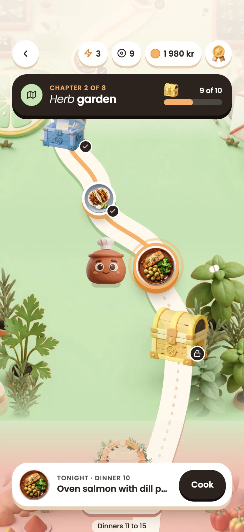 The journey map in Yumpot: a road of cooked dinners with a chest ahead