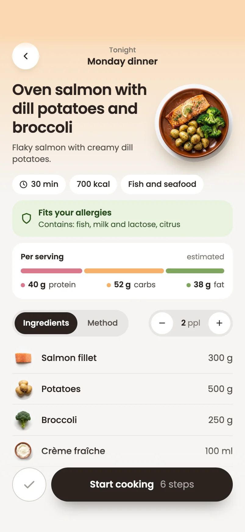 A recipe in Yumpot with the green note: fits your allergies